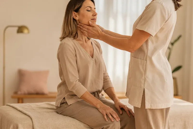 Fisioterapeuta trabaja con las manos la mandíbula y el cuello de una paciente sentada en la camilla