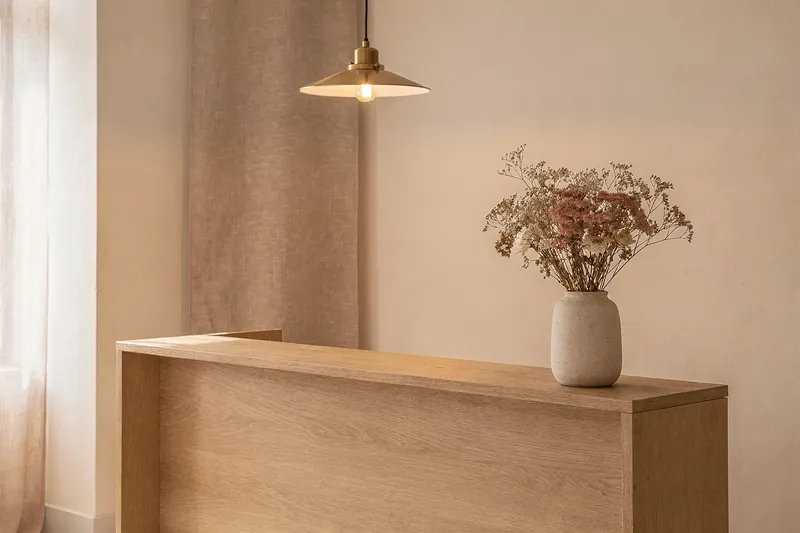 Recepción con mostrador de madera clara y luz cálida