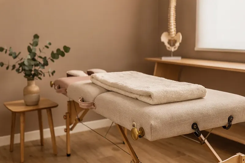 Sala de fisioterapia con camilla, toalla doblada y un modelo de columna en la estantería